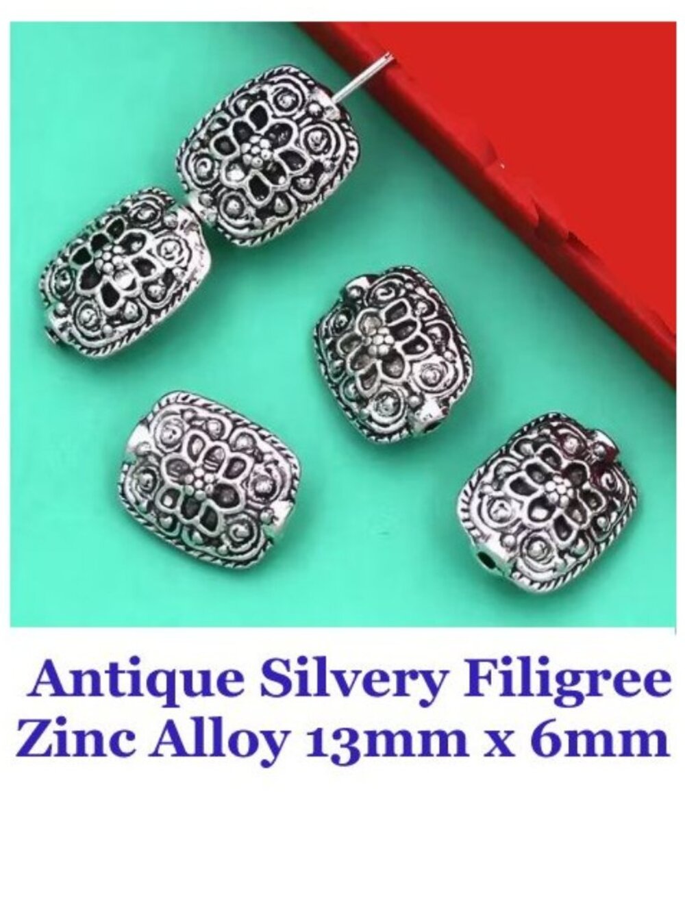 Antique Silvery Filigree Zinc Alloy 13mm x 6mm  10 Beads